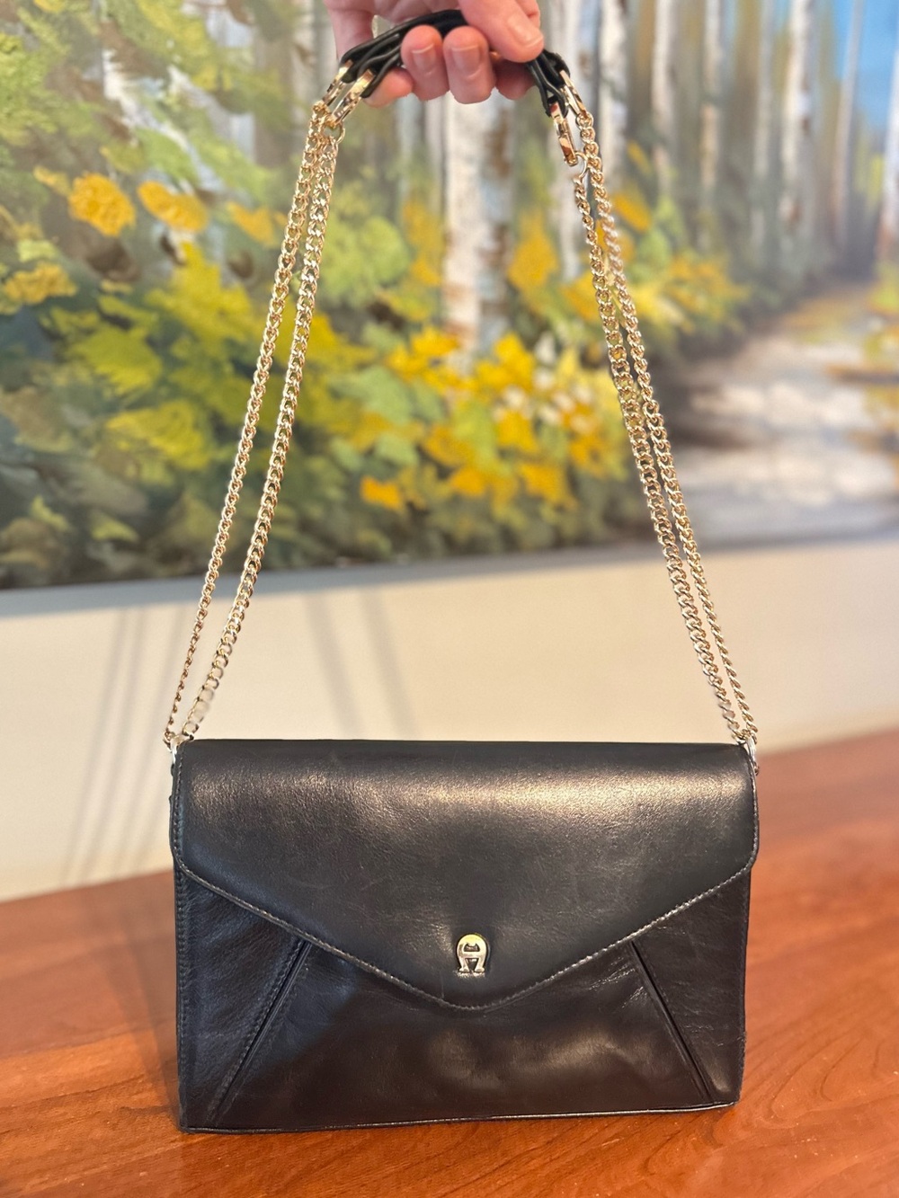 Vintage Kiss Lock Etienne Aigner Black Leather Envelope Bag | Convertible 3 Way
